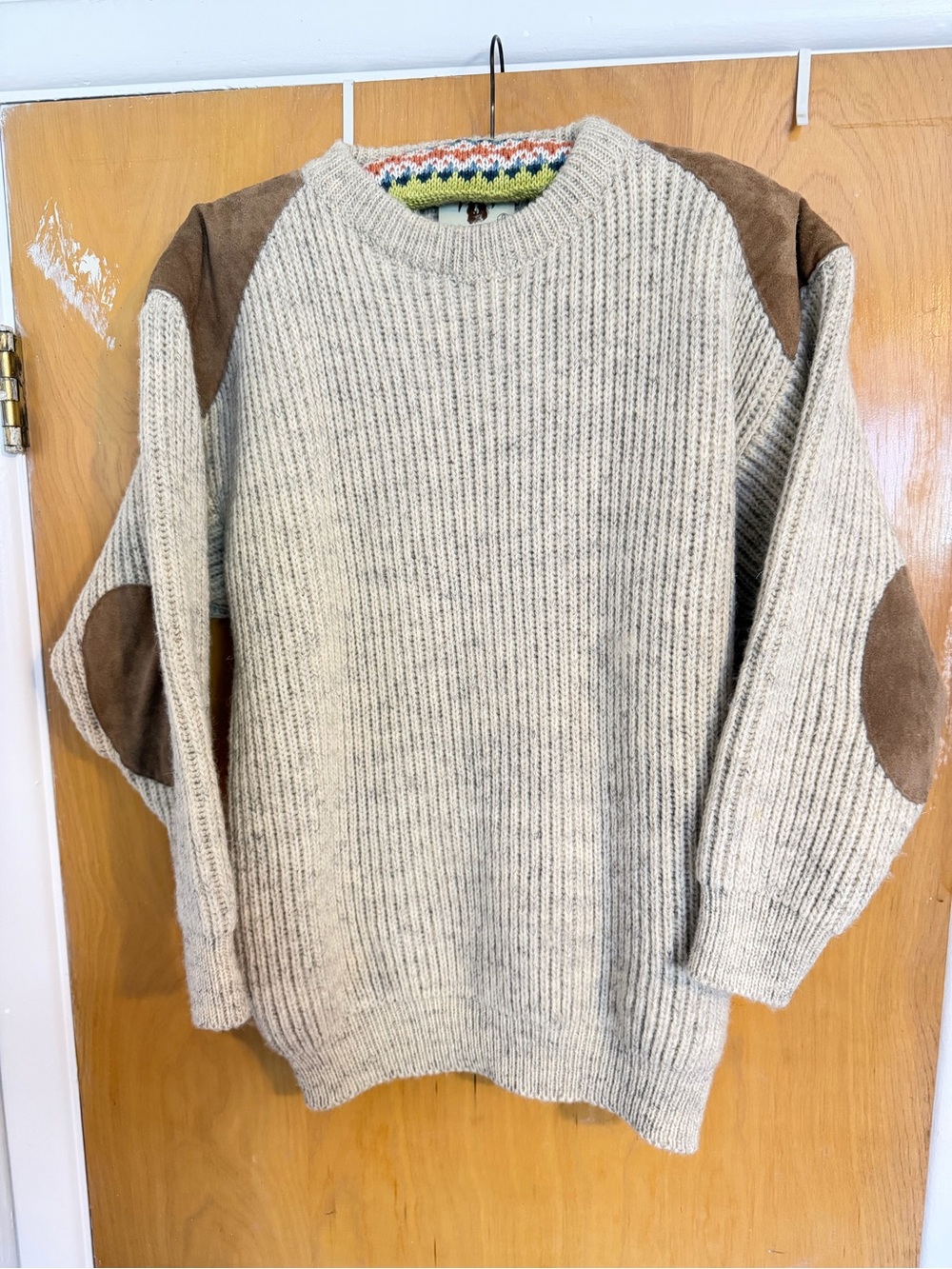 Men's Cream Wool Sweater with Brown Suede Elbow Patches